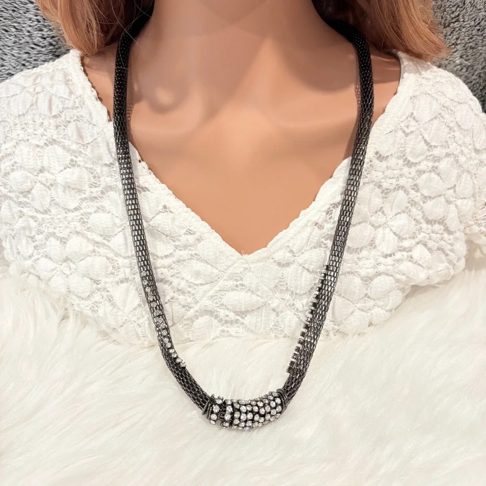 Chicos‎ Necklace Gunmetal Mesh Rhinestone Sparkle Goth Edgy Grunge Cyber 20659